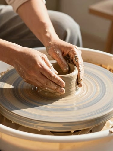 Warm editorial photography of an artisan's hands shaping raw clay on a pottery wheel in a sun-drenched studio, golden hour light, shallow depth of field, 35mm