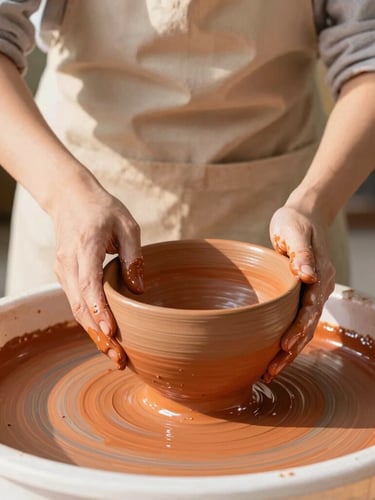 Portrait shot of a ceramicist in an apron carefully dipping a fired stoneware bowl into a tub of rich terracotta glaze, kiln visible in the background, warm natural light.