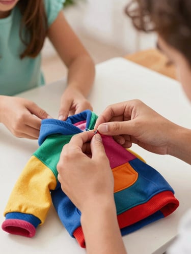 Warm lifestyle photo of a family workshop in Guanajuato, hands carefully sewing a tiny colorful pet hoodie with high-quality fabrics, soft focus