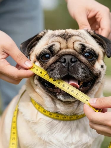 Close up of hands gently measuring a happy pug with a soft yellow measuring tape, bright natural daylight, warm and tender atmosphere.