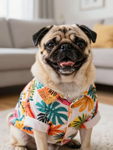 A joyful pug wearing a colorful handmade tropical shirt, sitting happily in a bright living room, warm natural light, close-up shot.