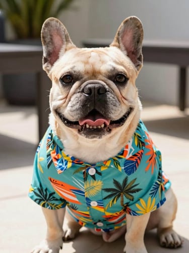 Bright natural daylight photo of a happy French Bulldog wearing a colorful tropical print shirt, sitting on a sunny patio, eye-level medium shot