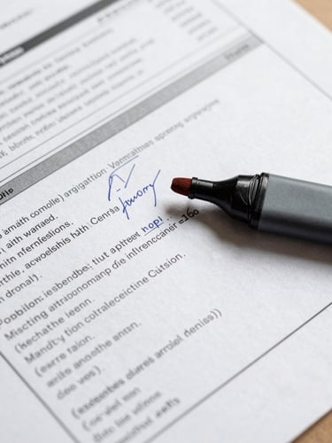 Overhead close-up of a printed financial report with handwritten annotations and margin notes, a highlighter resting across the page, natural north-facing daylight, crisp and precise framing