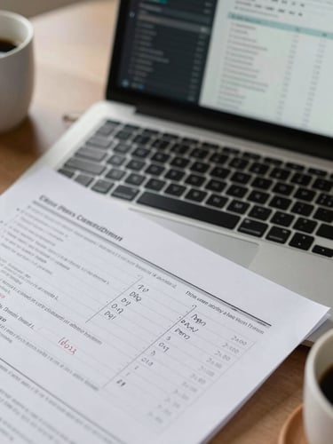 Overhead close-up of an analyst's desk under soft north-facing daylight — printed financial report with handwritten annotations in the foreground, a laptop screen showing data models in the background, a coffee cup at the edge of frame, no people visible