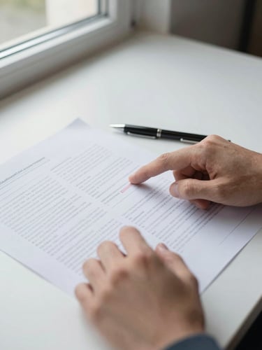 Close-up of hands pointing at a dense printed financial analysis report spread on a clean desk, pen resting beside annotated paragraphs, soft north-facing daylight from a side window, no faces visible, precise documentary framing