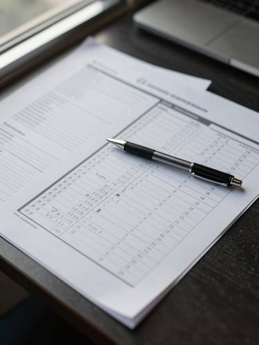 Overhead close-up of a printed financial report spread across a dark desk, pages marked with handwritten annotations in pencil, a mechanical pencil resting diagonally across the sheets, soft north-facing daylight from an office window illuminating the document surface
