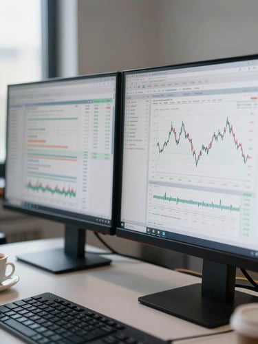 Close-up of dual monitors on a clean desk showing dense financial data tables and a line-chart model, soft natural daylight from the left, a coffee cup partially visible at frame edge, no people, analytical workspace atmosphere