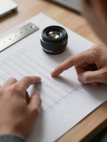 Close-up of hands pointing at a printed data model on a well-lit desk, fingers indicating specific rows of figures, a ruler aligned along a column of numbers, natural studio light mimicking daylight, no faces visible