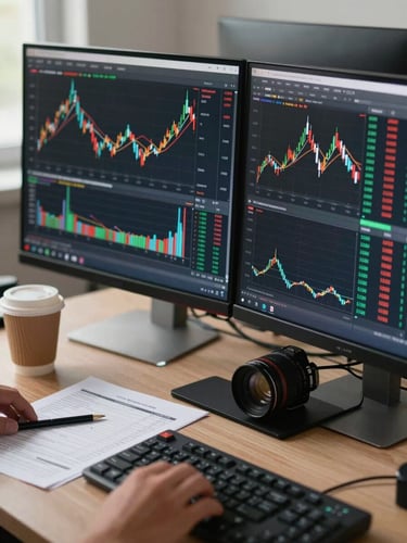 Close-up of a dual-monitor workstation showing financial data models and anomaly detection charts, a coffee cup and printed spreadsheet beside the keyboard, soft diffused daylight from the left, no person visible, precise and focused atmosphere