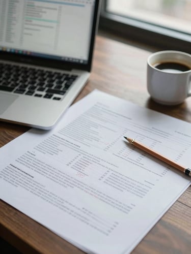 Overhead close-up of an analyst's desk — printed financial reports annotated in pencil, a laptop screen showing data models in the upper-left corner, a ceramic coffee cup to the right, north-facing natural daylight from an office window casting soft even light across the papers, no people visible