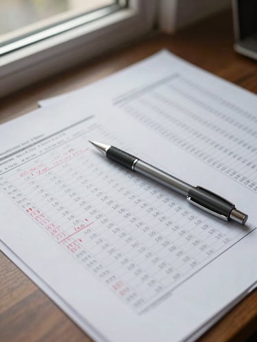Overhead close-up of a well-lit analyst's desk: printed financial reports with handwritten margin annotations in red pen, a mechanical pencil resting across a column of figures, natural north-facing window light, no people, sharp focus on the annotated numbers