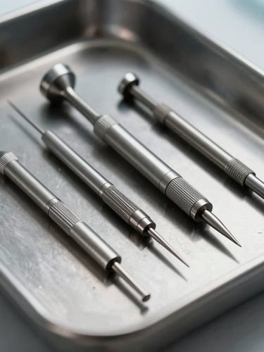 Extreme close-up of sterile stainless steel piercing instruments and needles resting on a clean black metallic tray under bright clinical studio lighting
