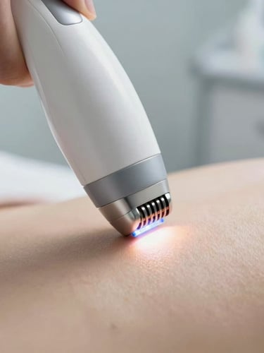 Extreme close-up of a laser hair removal applicator emitting a precise light pulse on skin, clean sterile background, cool clinical tones