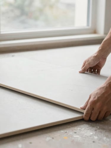 Hands of a master tile installer carefully placing a large format tile, clean job site, natural window light, sharp focus