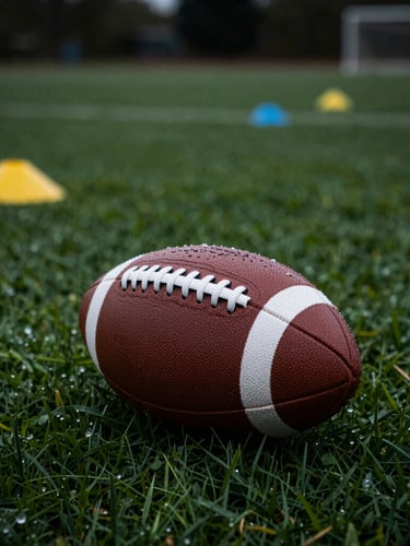 Tight action close-up of a football on dew-covered grass, agility cones in soft focus in the background, moody overcast daylight, 35mm
