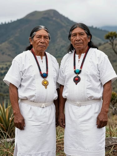 Dignified portrait of Wiwa and Kogui indigenous leaders in their traditional white woven clothing, standing together in the Sierra Nevada mountains, looking directly at the camera, respectful editorial style, overcast natural light.