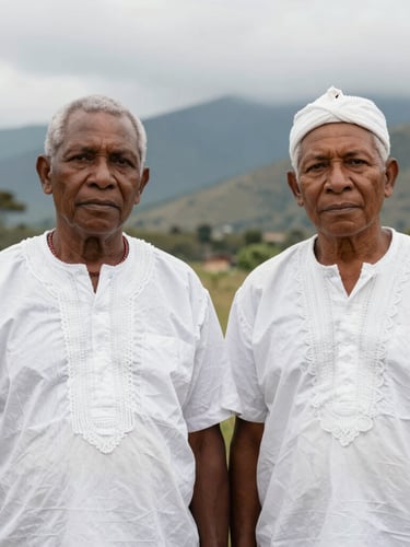 Dignified portrait of Wiwa and Kogui community leaders in traditional white clothing, direct gaze, natural overcast mountain light, respectful editorial style, 35mm lens.
