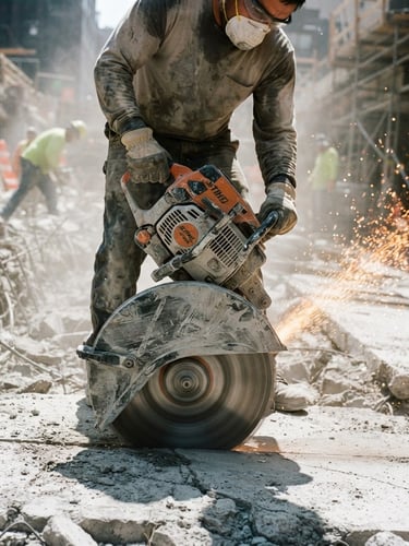 Low-angle heroic shot of a heavy-duty concrete demolition saw coated in gray dust, harsh direct sunlight casting sharp shadows, sparks flying in the background, 35mm film gritty texture.