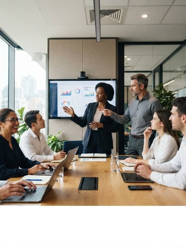 Wide panoramic shot of a modern, bright office meeting room with diverse professionals collaboratively discussing a strategic plan, hands pointing at a large monitor, bright natural daylight, corporate navy and warm neutral tones, shallow depth of field, 35mm, subject off-center to the left.