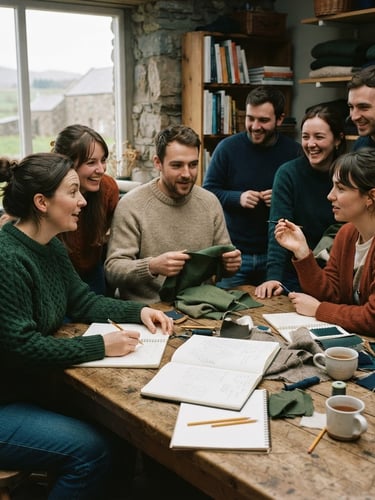 Warm editorial photography of a collaborative workshop around a rustic wooden table in Northern Ireland, soft natural overcast daylight, rich forest green tones, 35mm film style.