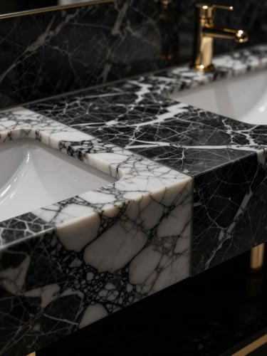 Dramatic close-up of a multi-basin vanity unit showing perfect vein-matching across the joints, sharp side lighting highlighting the polished white and grey veins