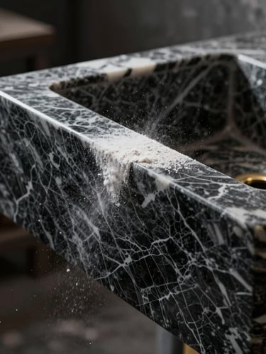 Close-up of a stone craftsman detailing the sharp edge of a polished Nero Marquina marble sink, white dust flying, dramatic side lighting, dark workshop background.