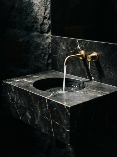 Dramatic architectural close-up of a monolithic black Nero Marquina marble washbasin with brushed gold fixtures, sharp side lighting, deep shadows, 35mm lens