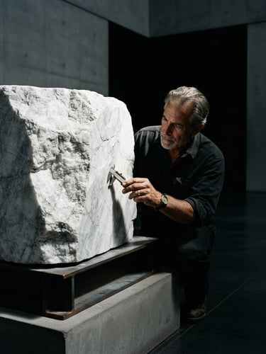 Dramatic side lighting on a raw Carrara marble block being inspected by a master mason in a minimalist gallery setting.