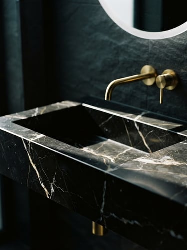Dramatic architectural close-up of a sharp-edged black marble washbasin, precise geometric lines, side lighting reflecting on polished Nero Marquina grain, 35mm lens