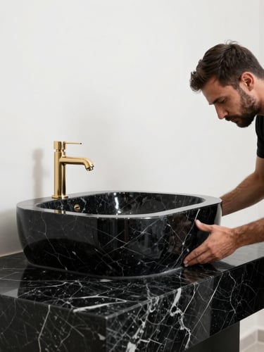 A high-contrast architectural wide shot of a master craftsman hand-polishing the edge of a monolithic black Nero Marquina marble washbasin in a clean, minimalist Riyadh workshop.