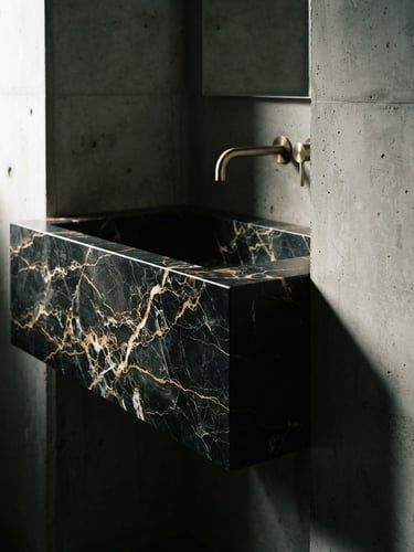Dramatic architectural close-up of a monolithic black marble washbasin with gold veins, installed in a minimalist concrete gallery wall, sharp side lighting, 35mm lens.