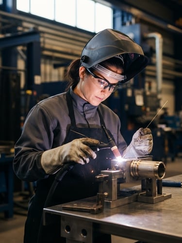 Medium environmental portrait of a focused technical welder in clean safety gear, bright natural industrial lighting, deep navy background tones, sharp focus, 35mm