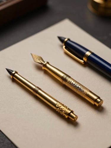 Macro photography of custom brass design tools and Arabic calligraphy pens resting on textured paper, dramatic low-key studio lighting with golden highlights