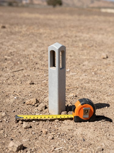 Close architectural detail of a land survey boundary marker set in dry Turkish soil, tape measure extended beside it, natural daylight, no people in frame