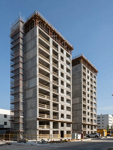 Wide architectural view of a multi-storey residential building under construction in daylight, concrete frame exposed, scaffolding on the left third, clear blue sky above, urban street context below