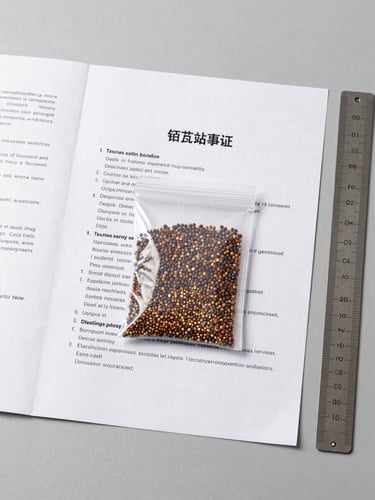 Overhead flat-lay of printed seed lot certification documents, a sealed transparent seed packet, and a ruler on a clean matte surface under even studio light—no hands, no people, precise and clinical framing