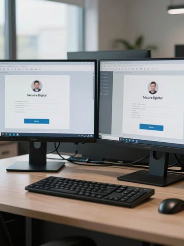 Straight-on architectural shot of a dual-monitor office desk displaying secure digital signing software, cool clean natural light.