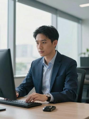 Environmental portrait of a focused professional in a modern Singapore office, soft window daylight, cool slate tones, 35mm lens