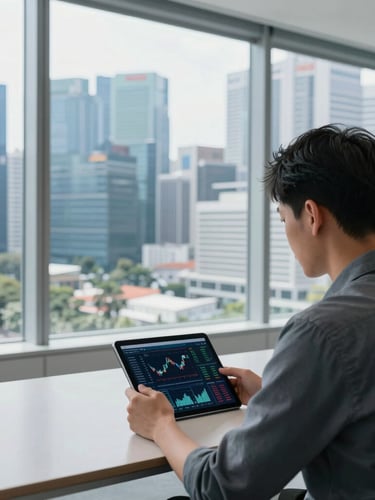 Over-the-shoulder view of a professional analyzing market data on a tablet in a sunlit Singapore office, architectural business hub skyline visible through clean floor-to-ceiling windows, cool slate tones.