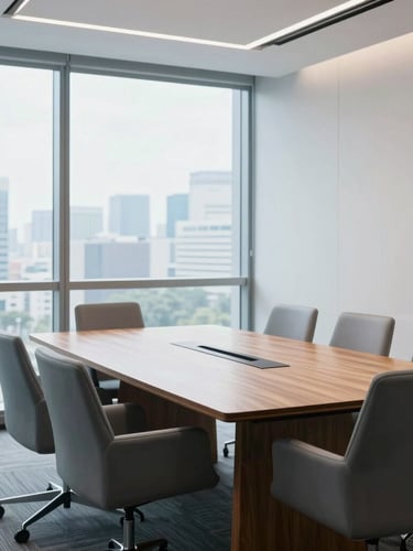 A bright, modern corporate boardroom in Singapore, soft window light illuminating a polished wooden table and minimalist slate-colored chairs, professional environmental framing, 35mm lens.