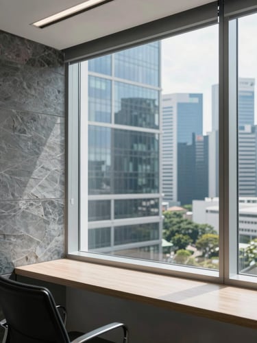 A modern corporate building window overlooking Singapore's financial district, bright natural daylight, cool slate and blue tones, 35mm lens