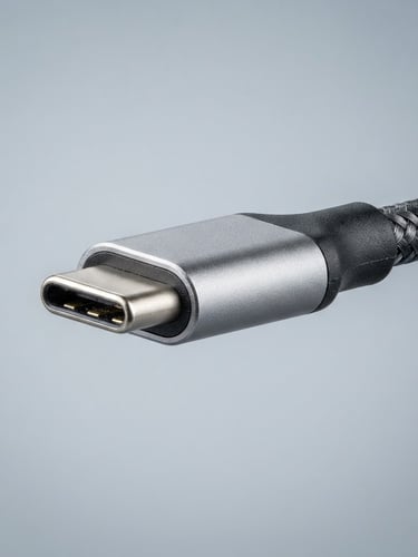 Macro close-up of a premium braided USB-C cable connector with metallic zinc-alloy housing, bright high-key studio lighting, cool gray backdrop, sharp focus