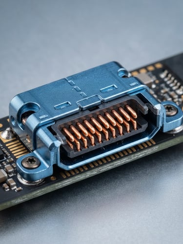 Macro close-up of a high-spec copper connector port with metallic blue shielding, bright high-key studio lighting, crisp focus