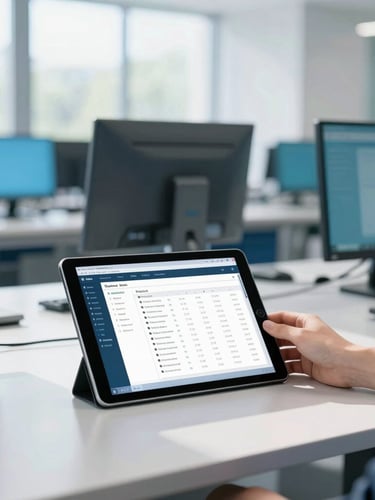 Bright modern university computer lab, sunlit clean desks, sharp focus on a tablet displaying a clean administrative dashboard interface, 35mm
