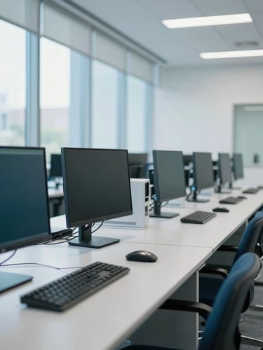 Bright sunlit university computer lab with modern workstations, clean architectural lines, cool blue and teal tones, sharp 35mm focus