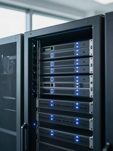 A clean, modern server rack with glowing soft blue indicator lights, sunlit from a high window, shallow depth of field, sharp focus, 35mm