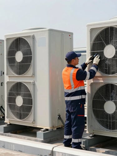 Technician in high-visibility uniform servicing a large rooftop HVAC chiller unit, bright daylight, industrial editorial photography