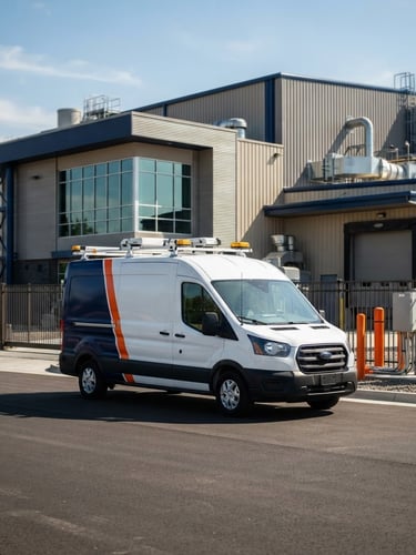 Branded Southeastern Facility Management service vehicle parked in front of a modern industrial plant, bright natural daylight, high-contrast sun and shadow, navy and orange tones, crisp details, 35mm lens.
