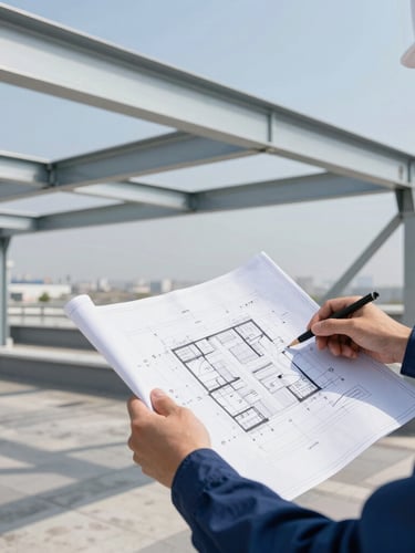 Crisp architectural photography, bright daylight, close-up of a technician reviewing structural blueprints on a commercial rooftop next to an engineered steel support frame, high contrast, 35mm lens.