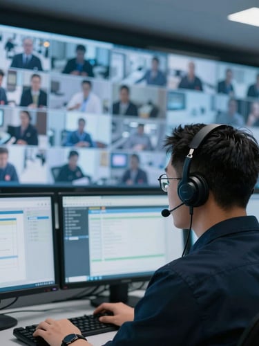 Close-up of a professional 24/7 security control room, multiple monitors showing real-time PC bang camera feeds, a focused operator wearing headsets in the foreground, cool blue ambient light.